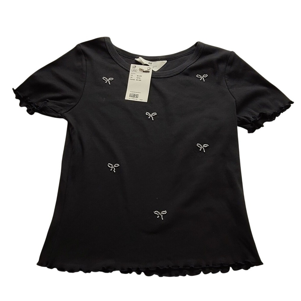 HM Girls Dark Gray Ribbed Rhinestone Bow Lettuce Edge T-Shirt Size 12/14 NWT